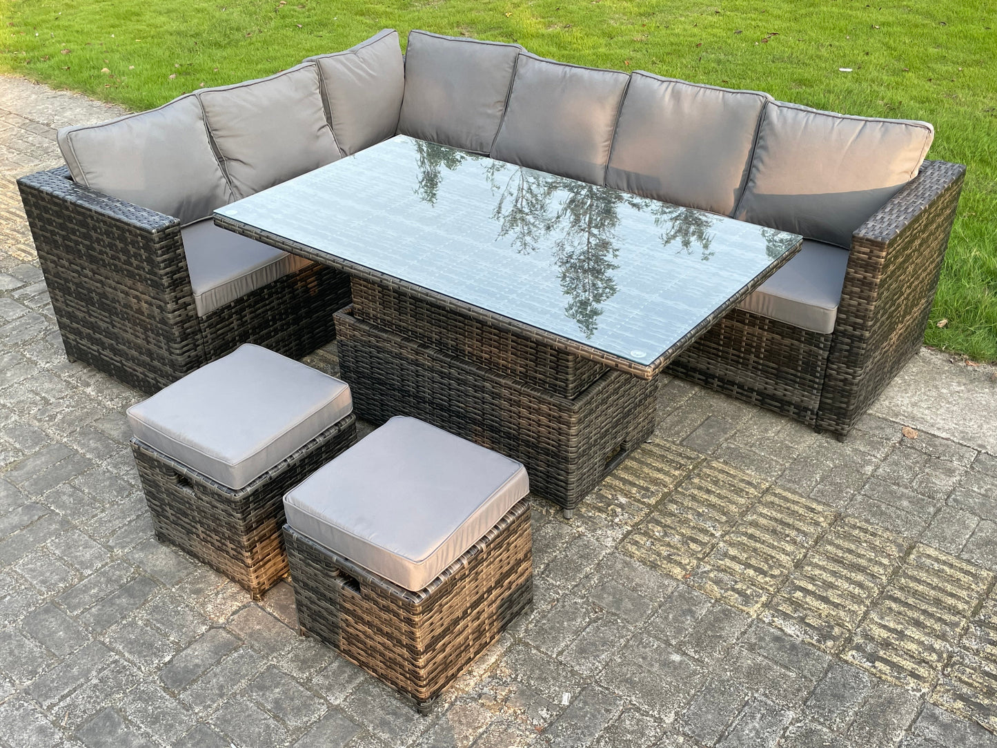 8 Seat Dark Mixed Grey Rattan Garden Furniture Corner Sofa Set Adjustable Dining Or Coffee Table Left Side