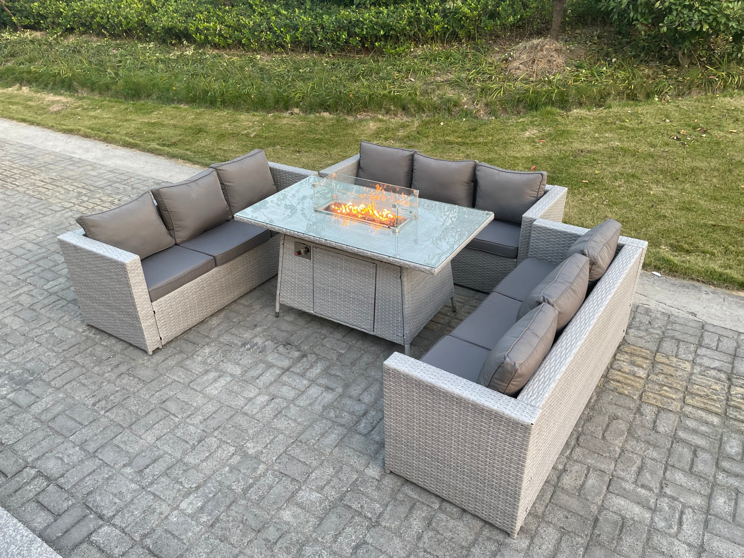 Light Grey U Shape Lounge Sofa Dining Set With Gas Fire Pit Dining Table Garden Furniture Set Heater Burner
