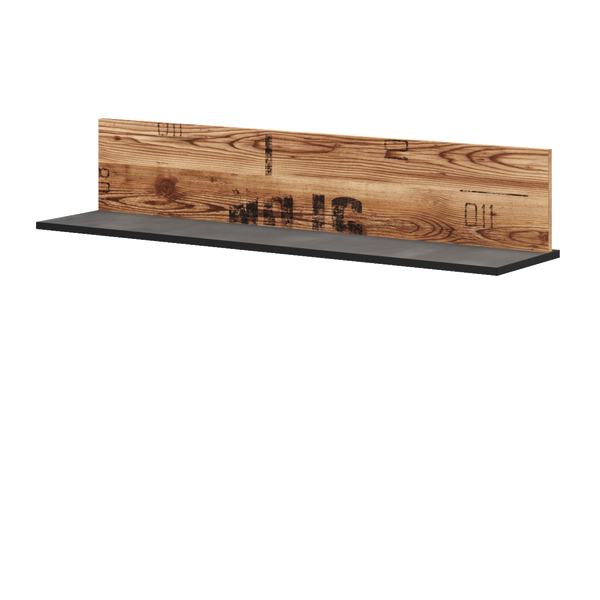 Wooden shelf with a black base on a white background