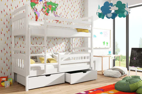 White bunk bed with drawers in a child's room with colorful decor.