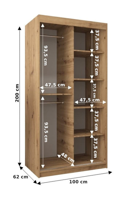 Wooden wardrobe with dimensions indicated on a white background