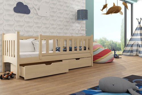 Children's room with a wooden bed, toys, and decorative elements.