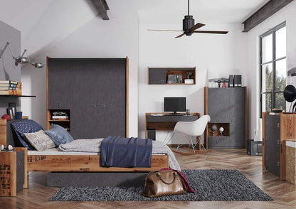 Modern bedroom with wooden bed, desk, and shelves.
