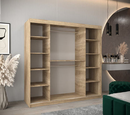 Wooden wardrobe with shelves in a room setting