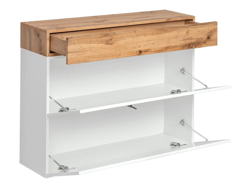 Wooden console table with a drawer and glass shelves on a white background