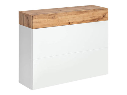 White console table with a wooden top on a white background