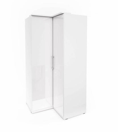White display case with clear glass front on a white background
