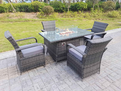 Rattan Garden Furniture Gas Fire Pit Rectangle Dining Table Gas Heater And Dining Chairs