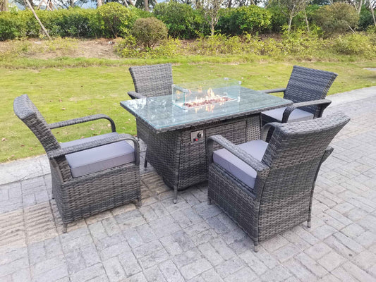 Rattan Garden Furniture Gas Fire Pit Rectangle Dining Table Gas Heater And Dining Chairs
