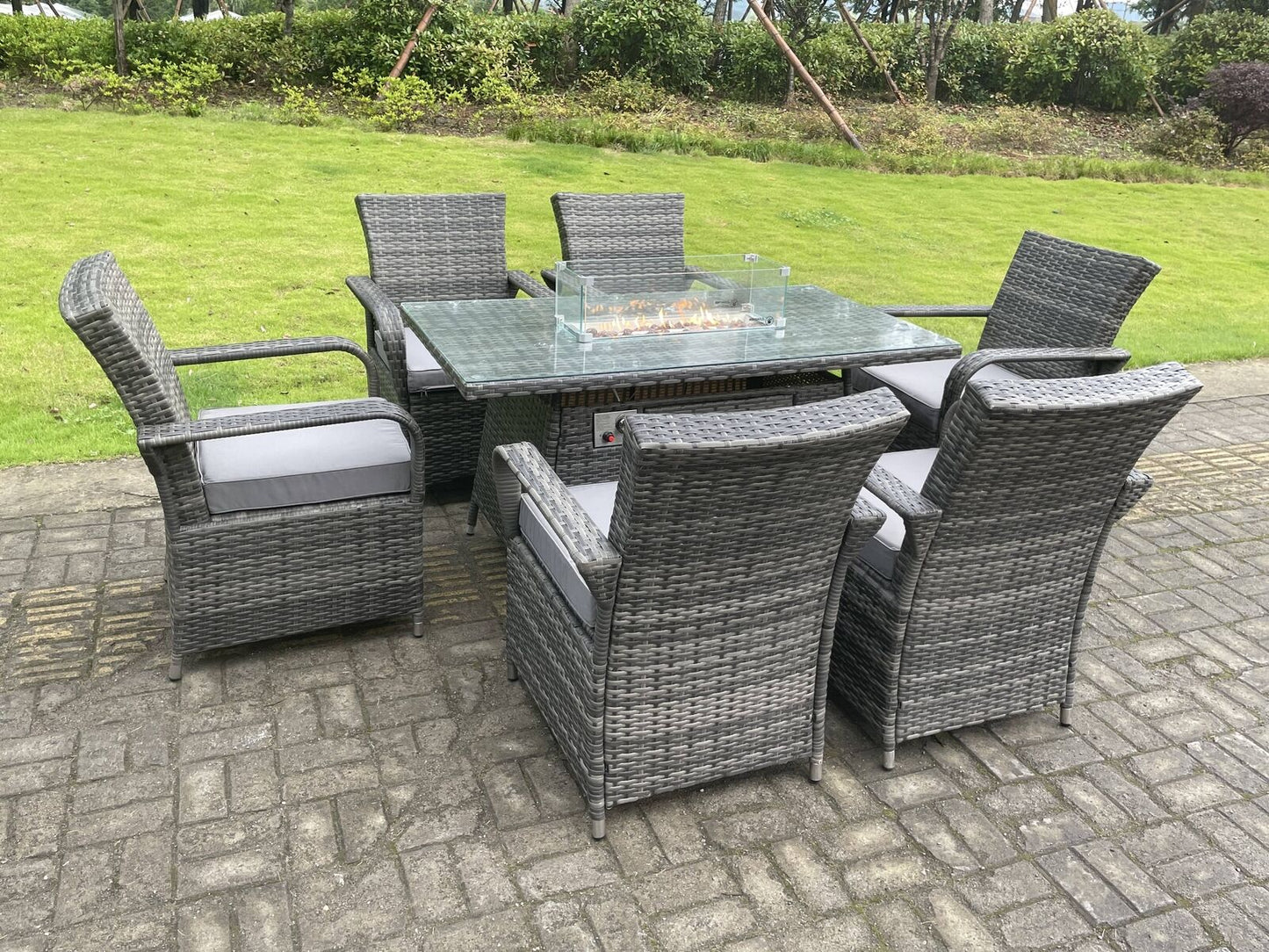 Rattan Garden Furniture Gas Fire Pit Rectangle Dining Table Gas Heater And Dining Chairs