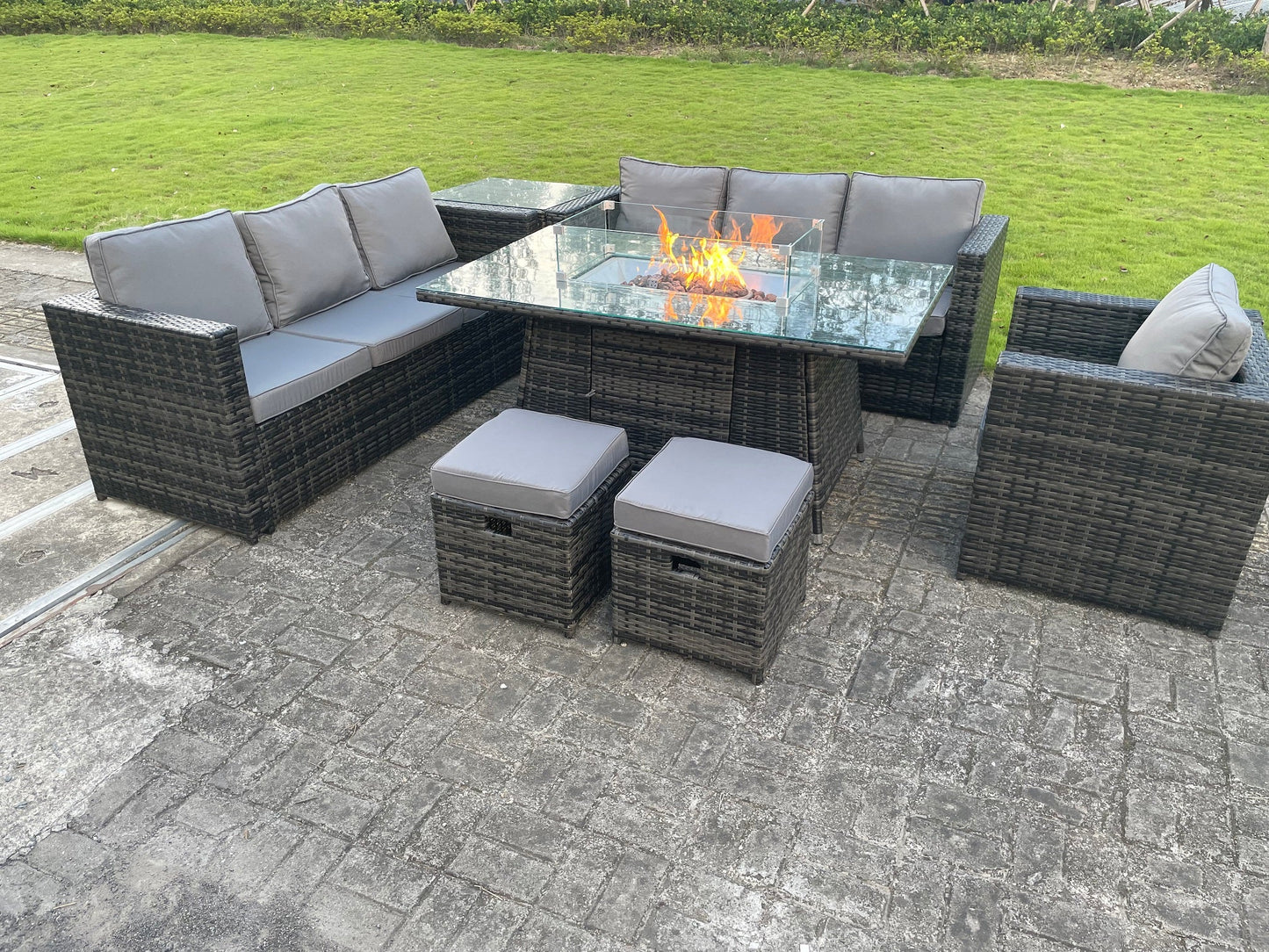 Outdoor Rattan Garden Furniture Gas Fire Pit Dining Table Gas Heater Sets Lounge Chairs Small Footstools Dark Mixed Grey 9 Seater