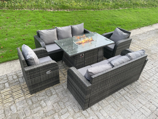 Rattan Outdoor Furniture Gas Fire Pit Rectangle Dining Table Gas Heater Adjustable Reclining Chair 3 Seater Sofa Sets 8 Seater