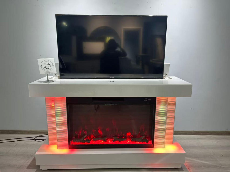 White entertainment console with a TV and built-in fireplace