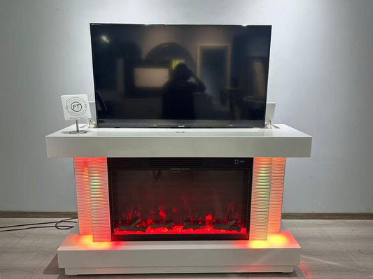 White entertainment console with a TV and built-in fireplace