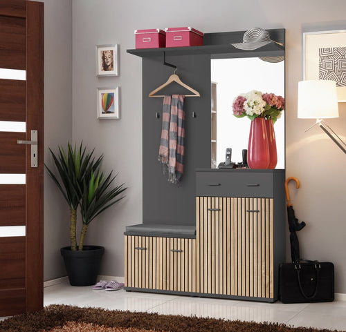 Modern entryway console with mirror, coat rack, and storage bench in a home setting.