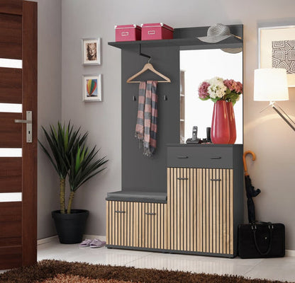 Modern entryway console with mirror, coat rack, and storage bench in a home setting.