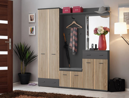 Modern wardrobe with mirror and hanging hooks in a room setting.