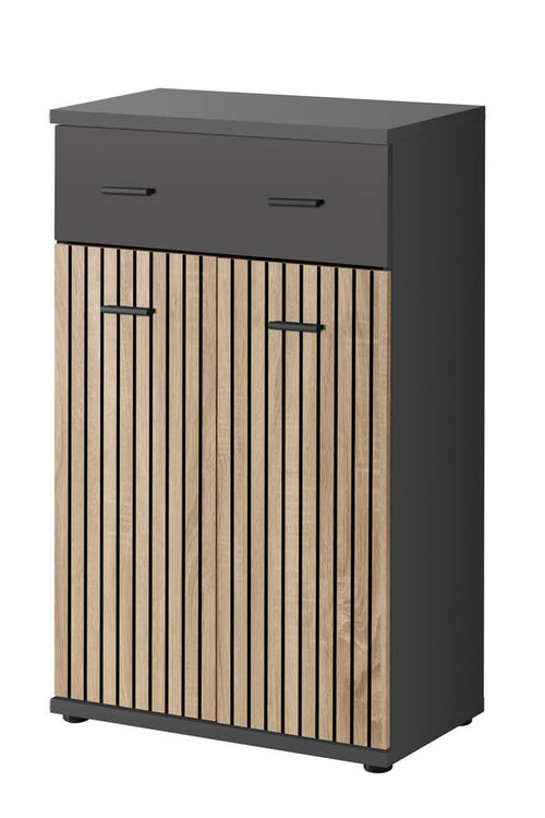 Black and wood-patterned cabinet on a white background