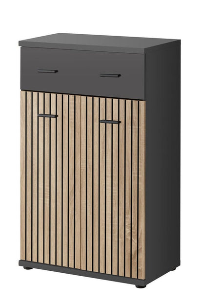 Black and wood-patterned cabinet on a white background