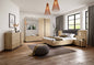 Modern bedroom with wooden furniture including a bed, dresser, and mirror.