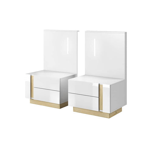 Two modern nightstands with white high-gloss finish and wooden base on a white background