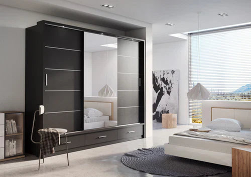 Modern bedroom with a large wardrobe and bed