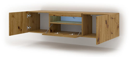 Oak wood TV unit with two hinged doors, pull-down shelf, and open middle storage compartment — modern entertainment cabinet.