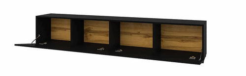 Modern black wall-mounted TV unit with oak wood accents and drop-down doors, featuring sleek compartments for stylish media storage. 