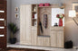 Wooden wardrobe with mirror and shelves in a room setting