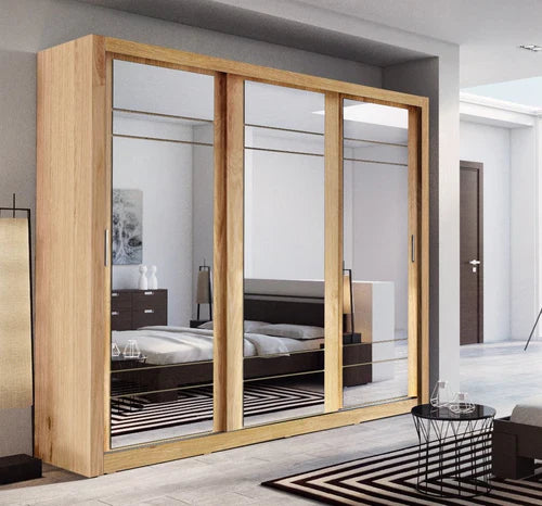 Wooden wardrobe with glass doors in a modern bedroom setting