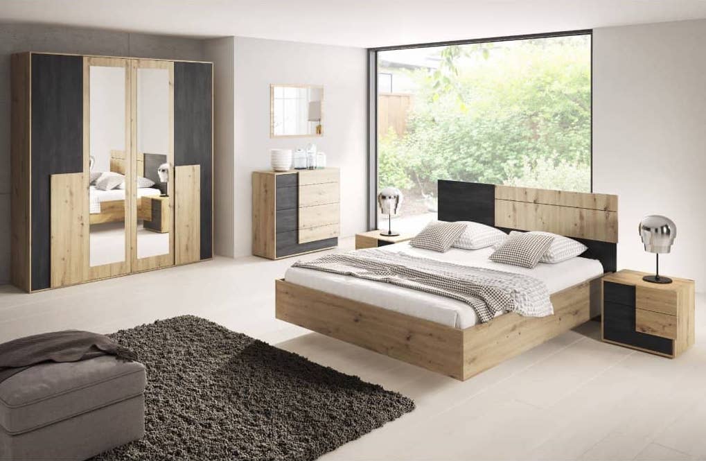 Modern bedroom with wooden furniture including a bed, wardrobe, and side tables.