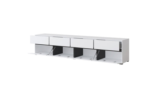 White TV stand with multiple drawers on a white background