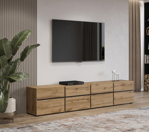 Wooden entertainment console with TV above in a living room setting