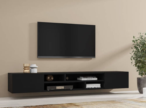 Black TV stand with a flat-screen TV mounted on a beige wall.