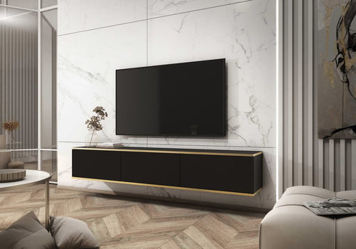 Modern living room with a television mounted on a marble wall.