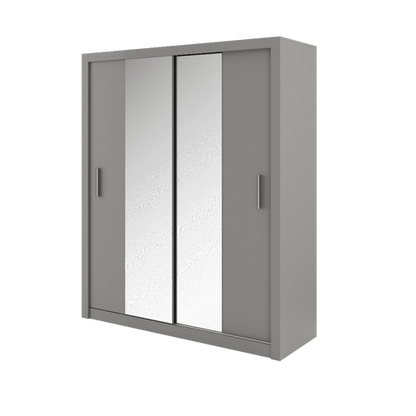 Gray wardrobe with sliding mirror doors on a white background