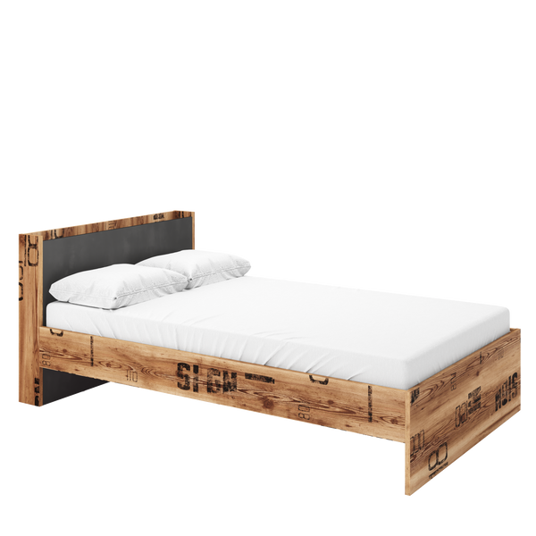 Wooden bed with white mattress and pillows on a white background