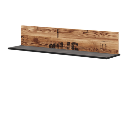 Wooden shelf with a black base on a white background