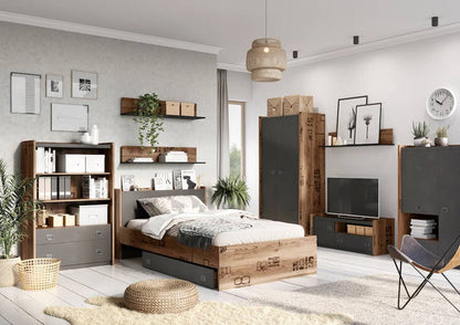 Modern bedroom with wooden furniture, bookshelves, and decor.