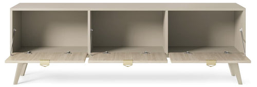 Beige storage unit with three compartments on a white background