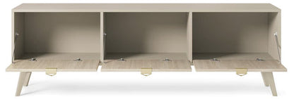 Beige storage unit with three compartments on a white background