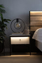 Nighstand with decorative lamp and plant next to a bed