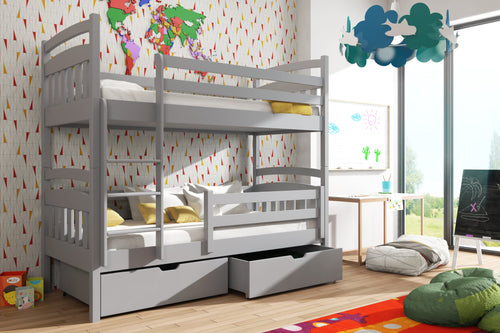 Gray bunk bed with drawers in a child's room with colorful decor.