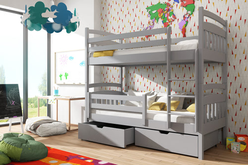 Gray bunk bed with drawers in a child's room with colorful decor.
