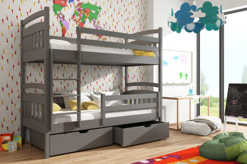 Gray bunk bed in a child's room with colorful decor