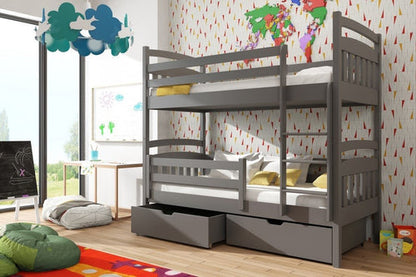 Gray bunk bed with drawers in a child's room with colorful decor.
