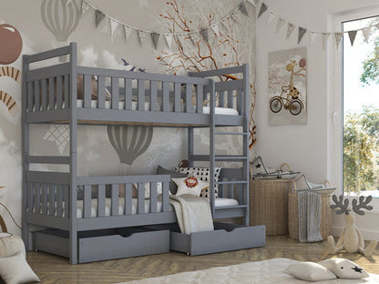 Gray bunk bed in a child's bedroom with decorative elements and furniture.