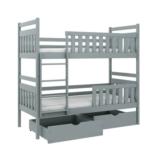 Gray bunk bed with drawers on a white background