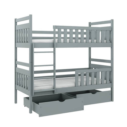 Gray bunk bed with drawers on a white background