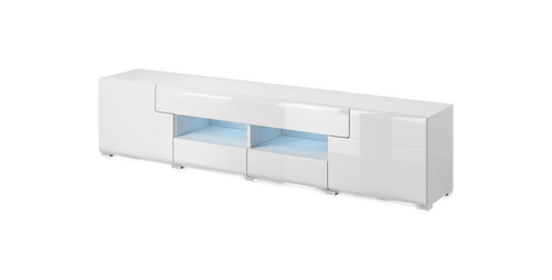 White TV stand with glass panels on a transparent background